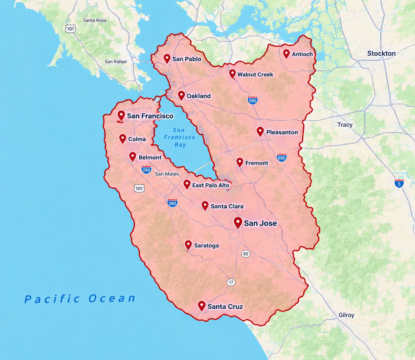 Map of the Rocket Restrooms and Fencing service area across the San Francisco Bay Area